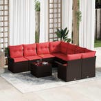 vidaXL Tuin Sofa Set met kussen 9 pcs Bruin en Rood poly, Verzenden, Nieuw, Rotan, Meer dan 8 zitplaatsen