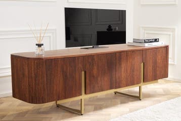 Design TV-meubel GATSBY 160cm bruin matgoud Mangoholz Retro, Huis en Inrichting, Kasten | Televisiemeubels, Ophalen of Verzenden