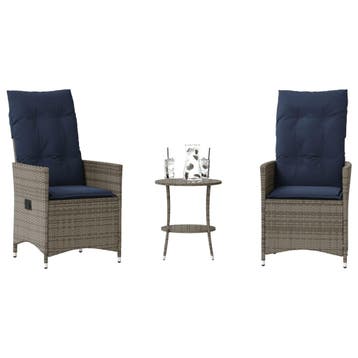 vidaXL 3-delige Bistroset met kussens poly rattan grijs, Tuin en Terras, Verzenden, Nieuw, 3 zitplaatsen