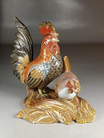 Coq et poule satsuma - sculptuur Porselein - Japan - Meiji