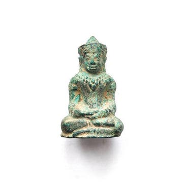 Oud-Indochinese Brons XS Zittende Boeddha Kralentalisman -
