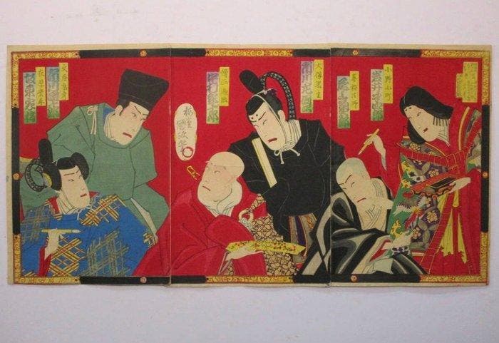 Kokusei « Rokkasen Kyga Sumizome » — Drie-delig drieluik, Antiek en Kunst, Antiek | Overige Antiek