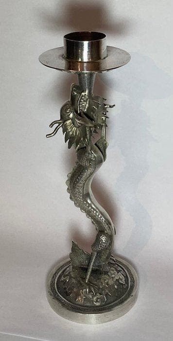 Chinees exportartikel zilveren draak-kandelaar - Brons -, Antiek en Kunst