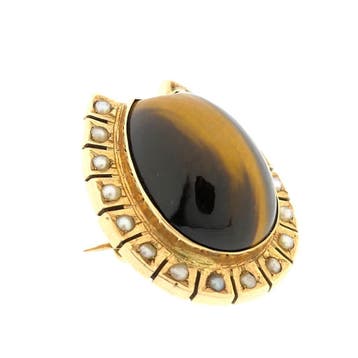 Gouden broche met tijgeroog en parels, Sieraden, Tassen en Uiterlijk, Broches, Gebruikt, Ophalen of Verzenden, Met edelsteen, Goud