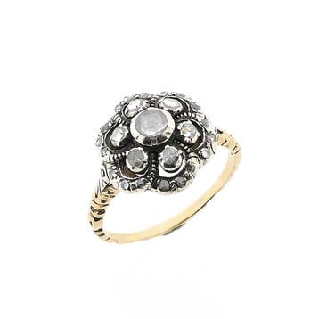 Goud en zilveren ring met roos geslepen diamanten; ca. 0,..., Gebruikt, Overige kleuren, 20 of groter, Ophalen of Verzenden