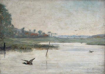 Continental school (XX) - A Lake scene with ducks in flight