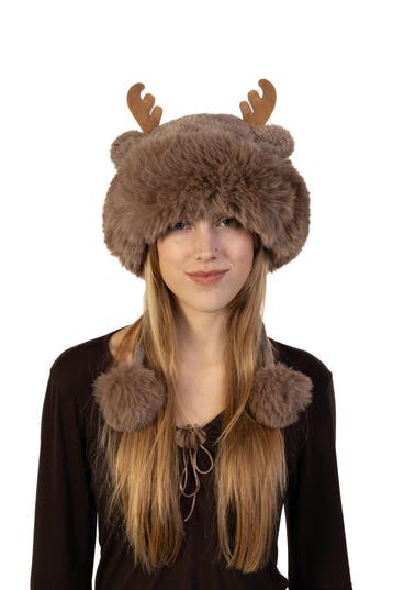KIMU® Bontmuts Rendier Fleece Taupe Bruin Bont Muts Hoorns O, Ophalen of Verzenden, Nieuw
