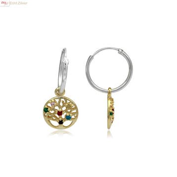 Gold plated 925 Zilveren oorringen levensboom hanger multico, Verzenden, Nieuw, Zilver