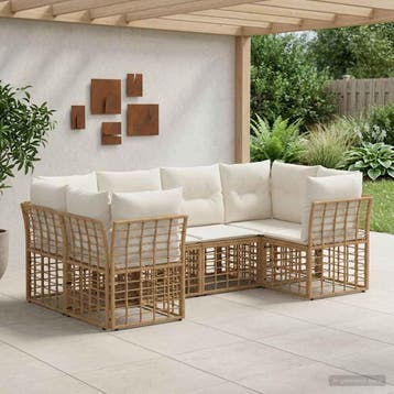 vidaXL Buiten bankenset met kussen 6 pcs Naturel Polyester, Tuin en Terras, Tuinsets en Loungesets, Verzenden, Nieuw, Rotan, 6 zitplaatsen