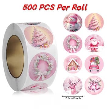 Sluitstickers kerstetiketten kerststickers roze vintage rond, Ophalen of Verzenden, Nieuw