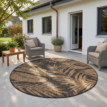 Rond Buitenkleed | Mira | Bladeren | Zwart | 120x120 cm, Verzenden, Nieuw