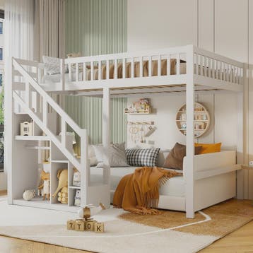 Wit Kinder Hoogslaper met Trap en Opbergkast - 90x200cm - Mu, Huis en Inrichting, Slaapkamer | Bedden, Verzenden, Nieuw