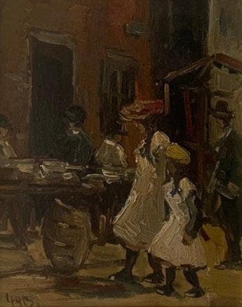 Nederlandse school (XX) - Moeder en dochter op de markt,