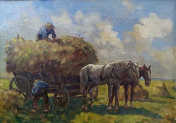 V. D. Kolk (XX) - Augustus is de maand van de hooioogst., Antiek en Kunst, Kunst | Schilderijen | Klassiek