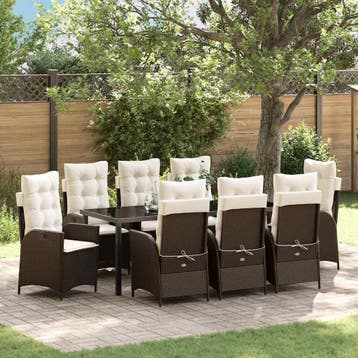vidaXL Tuin eettafelset 9 st Bruin poly rattan, Verzenden, Nieuw, Meer dan 8 zitplaatsen