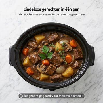 Slowcooker met Timer - 6L - Glazen deksel - Zwart - Olvy, Verzenden, Zo goed als nieuw