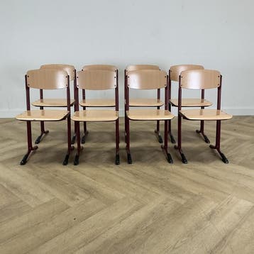 Eromes set van 8 schoolstoelen (rode stip) zithoogte 36 cm,, Ophalen of Verzenden, Gebruikt, Hout, Eén