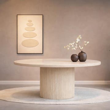 Travertin Eettafel Ø130 – Japandi Design – Nieuw – €599, Overige materialen, Verzenden, Rond, Nieuw