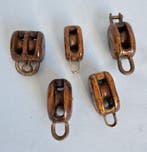 Katrollen / blokken, Ship’s pulley (5) - Messing, Hout,, Antiek en Kunst