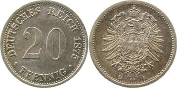 Duitsland 20 Pfennig 1875 D vz/st J 005 zilver, Verzenden