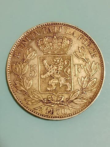 België. Leopold II. 5 Francs 1870 (Zonder minimumprijs)