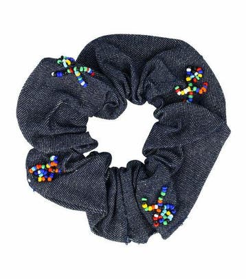 Haarelastiek Scrunchie – Ibiza Kralen – Jeans Stof – Blauw, Nieuw
