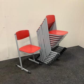 complete set van 9 stuks schoolstoelen Eromes, rood - grijs, Ophalen of Verzenden, Gebruikt, Hout, Vijf, Zes of meer stoelen