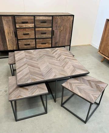 Salontafelset vierkant visgraatmotief -  Grey washSale, Huis en Inrichting, Tafels | Salontafels, Ophalen of Verzenden, Nieuw