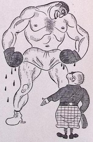 Fascisten bewonderen boxer Primo Carnera op spotprent, Verzenden