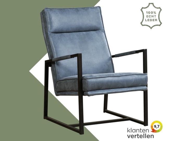 Leren fauteuil Square - Kenia Denim (blauw), Huis en Inrichting, Fauteuils, 50 tot 75 cm, 75 tot 100 cm, Nieuw, Leer, Ophalen of Verzenden