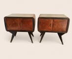 Nachtkastje - Hout, Glas, Messing - Set van twee vintage