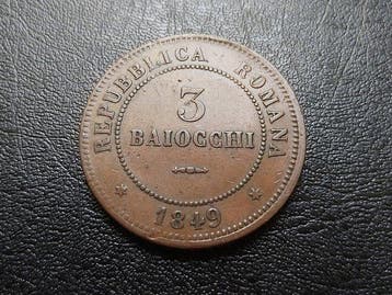 Italië, Tweede Romeinse Republiek 3 Baiocchi 1849 Bologna