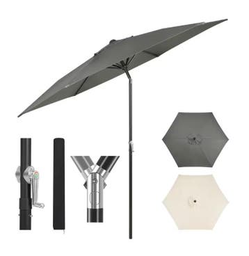Zeshoekige Parasol – 240, 270, 300cm Kantelbaar Grijs/Beige, Tuin en Terras, Verzenden, Nieuw, Waterdicht, 2 tot 3 meter