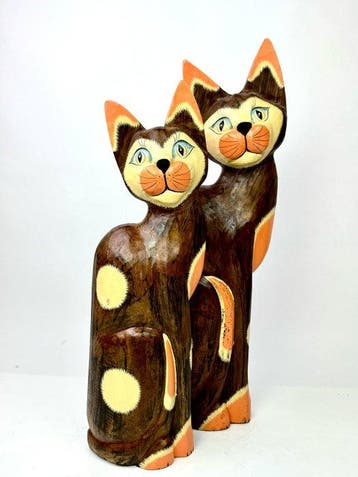 Figuur - Coppia di Sculture Gatti Stylized in Legno
