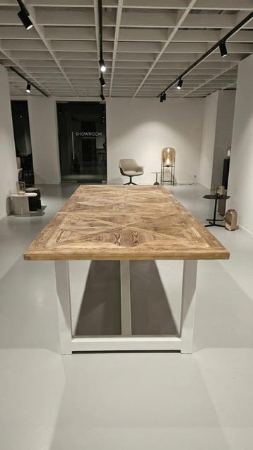 Maatwerk landelijke XL eettafel in RM kasteelvloer motief, Riviera Maison Landelijk, 100 tot 150 cm, Ophalen of Verzenden, Vijf personen of meer