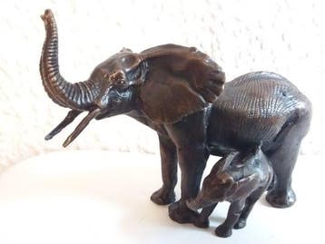 Beeld, Elephant and her baby - 15 cm - Koud geverfd brons