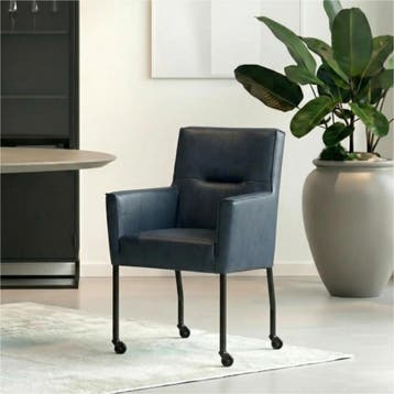 Leren eetkamerstoel met wieltjes en armleuning Lucky -, Bohemian, Industrieel, Modern, Scandinavisch, Blauw, Nieuw, Leer