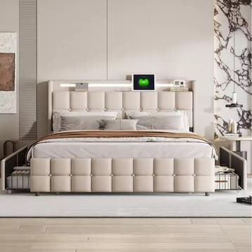 Upholstered Bed met LED, USB-poorten en 4 Opberglades, Huis en Inrichting, Slaapkamer | Bedden, Verzenden, Nieuw