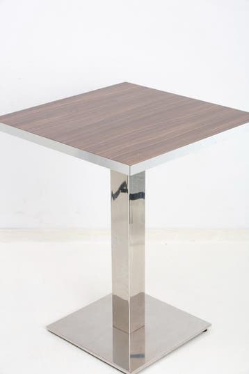 5 kantinetafel 80x80 chroom kolom noten melamine gebruikt, Overige plaatsen, Ophalen of Verzenden, Gebruikt, Tafel