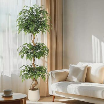 Kunst Ficus Boom met Gebogen Stam en Witte Pot - Realistisch, Verzenden
