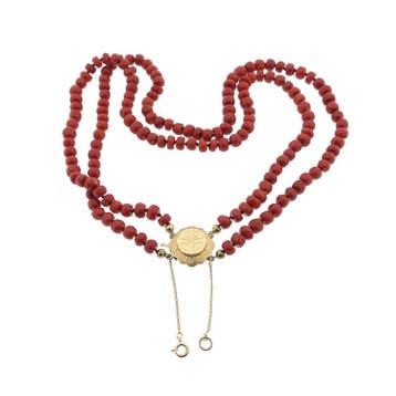 Antieke bloedkoralen kralen collier met gouden slot., Gebruikt, Ophalen of Verzenden, Met edelsteen, Goud