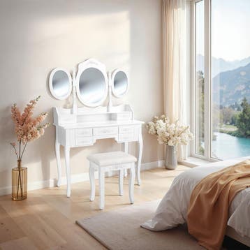 Makeup-tafel met 7 lades, spiegel en hocker in antieke look, Verzenden, Nieuw