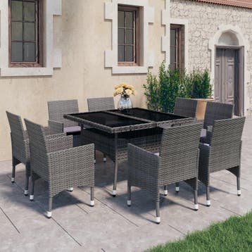 vidaXL 9-delige Tuinset poly rattan en glas grijs, Verzenden, Nieuw, 8 zitplaatsen, Tuinset