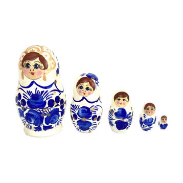 Houten matroesjka pop - 5-Delig - Rusland - Blauw, Antiek en Kunst, Ophalen of Verzenden