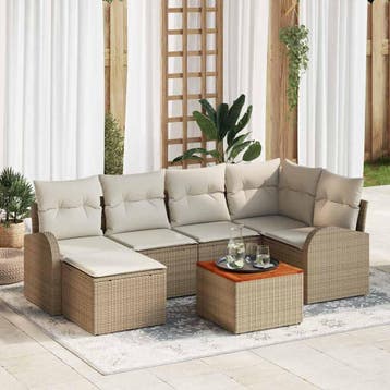 vidaXL Tuinbankenset 7 st Beige en Crème poly rattan, Verzenden, Nieuw, Rotan, 7 zitplaatsen