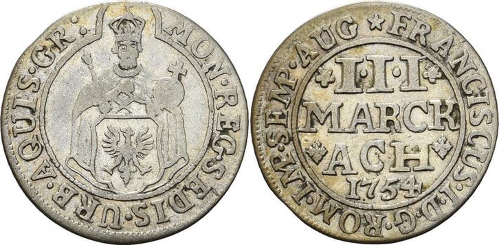 3 Mark 1754 Aachen (MuntenenBankbiljetten-Duitslandvoor1871), Postzegels en Munten, Munten | Europa | Niet-Euromunten, Verzenden