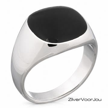 Zilveren zegelring uniseks zwarte agaat vierkant, Sieraden, Tassen en Uiterlijk, Verzenden, Nieuw, Zilver