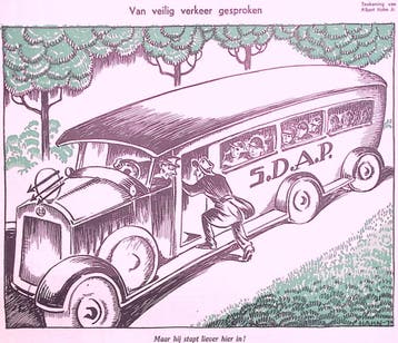 Bus van de SDAP afgebeeld op spotprent (lijst optie), Verzenden