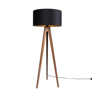 Vloerlamp walnoot hout met kap zwart met gouden binnenkant, Huis en Inrichting, Lampen | Vloerlampen, Verzenden, Nieuw, Hout, Country-rustic