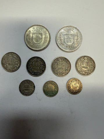 Zwitserland. Lot of 9 coins: 1/2, 1, 5 Francs 1921/1966, Postzegels en Munten